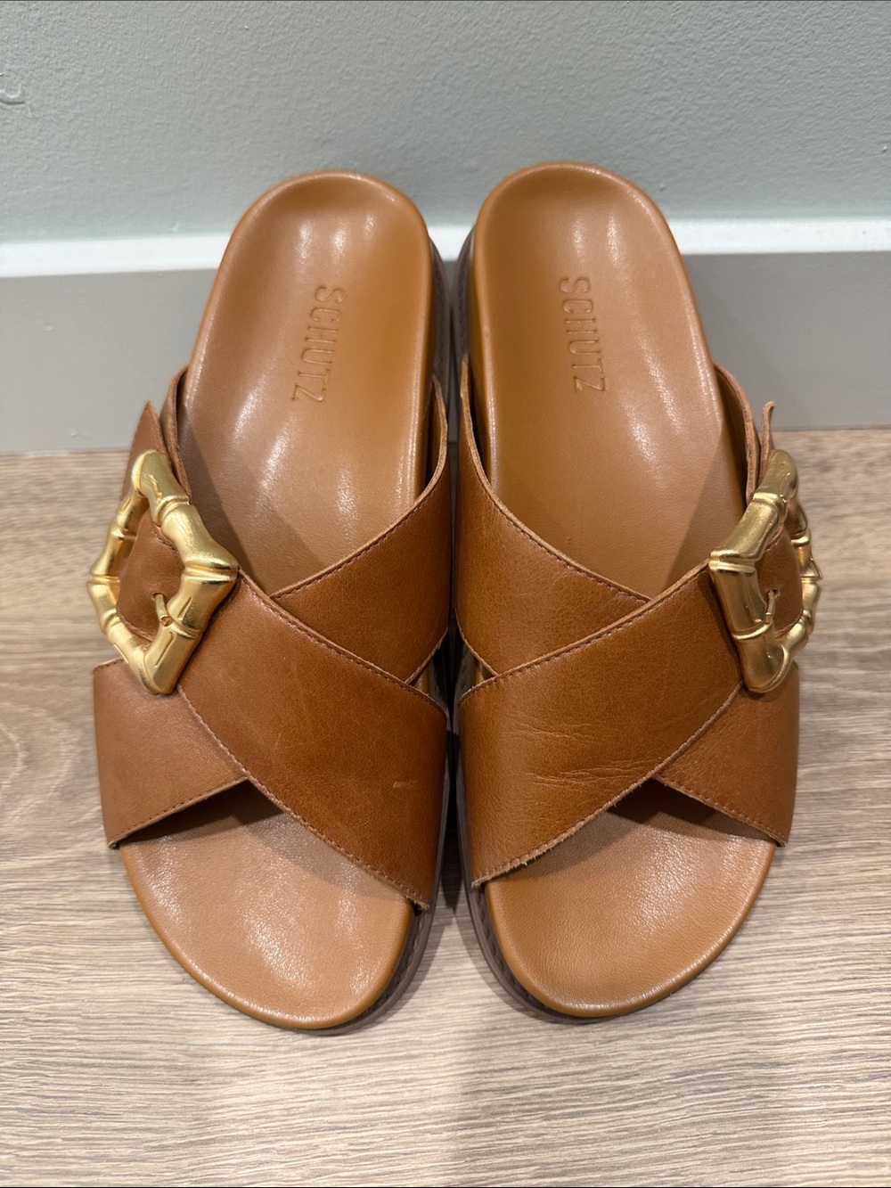 SCHUTZ Brown Leather Crisscross Slide Mules with Gold Buckles 7